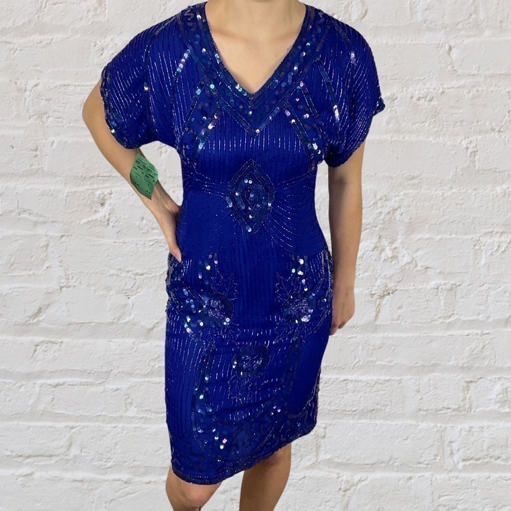 SCALA Milan Paris Los Angeles blue silk sequin vintage dress, New With Tags! - Picture 3 of 12